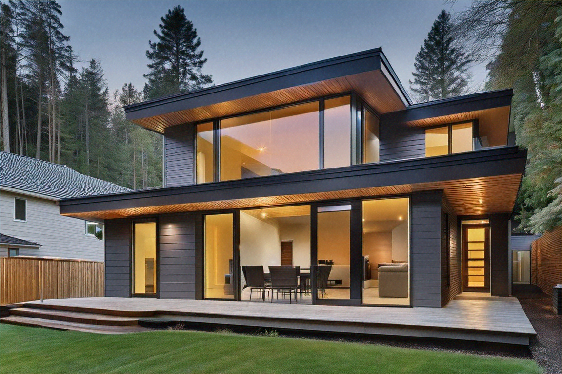 Contemporary home exterior at dusk with warm interior lights glowing