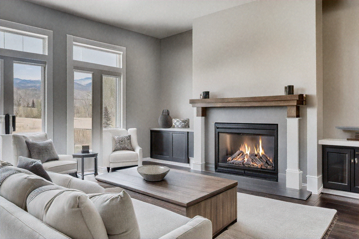 Luxury home living room with fireplace and staged furniture in Colorado