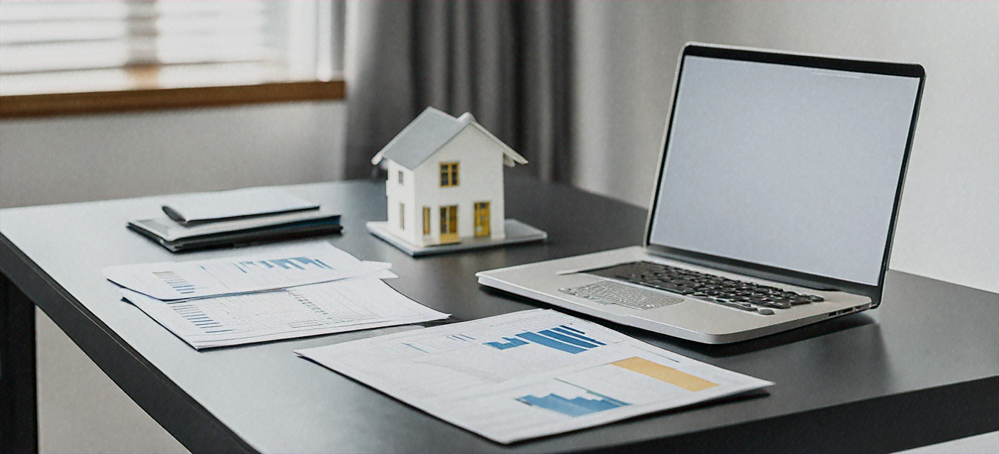 Real estate brokerage office with property listings and market reports on a modern desk