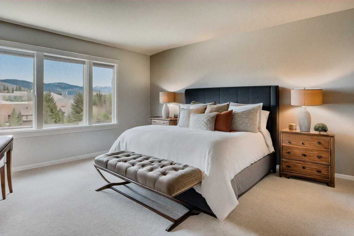 Bright and airy master bedroom in a staged Boulder home