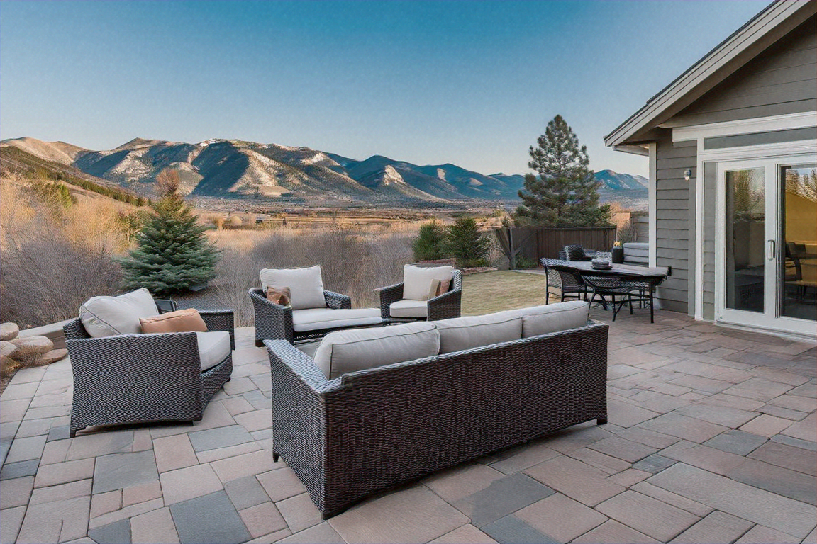 Backyard patio of an upscale Boulder Colorado home with mountain views