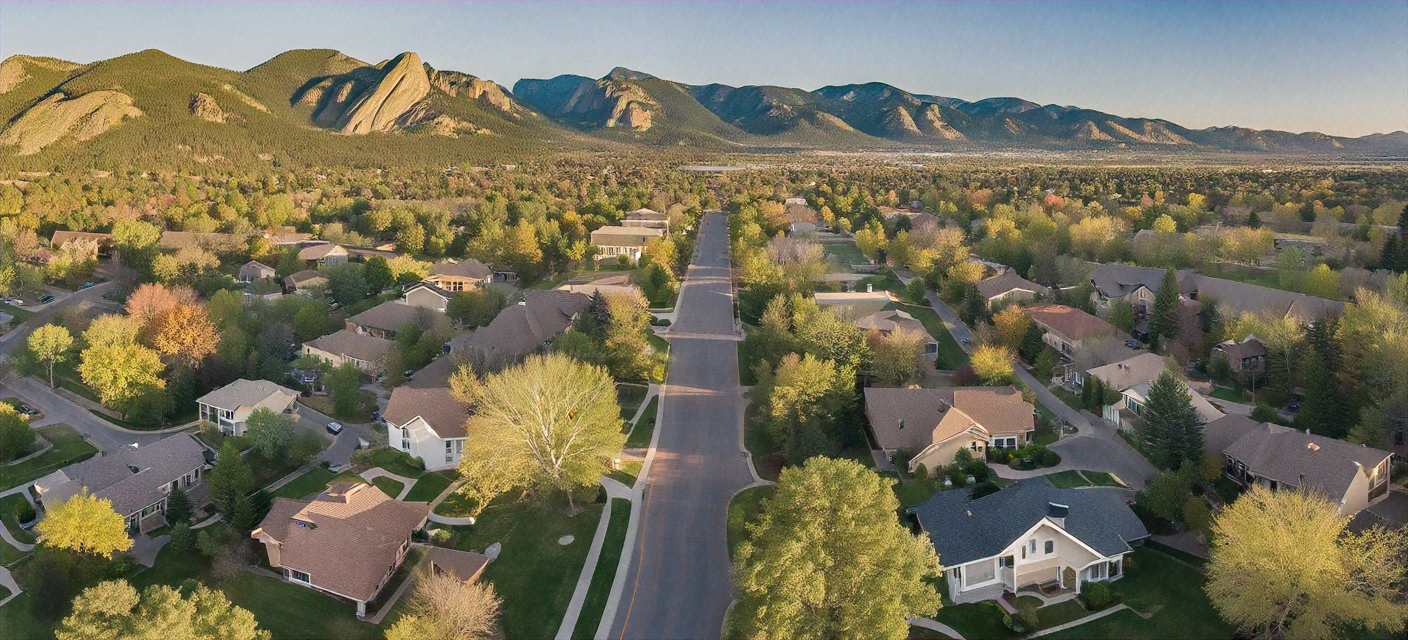 Sweeping panoramic view of Boulder Colorado foothills neighborhood with homes