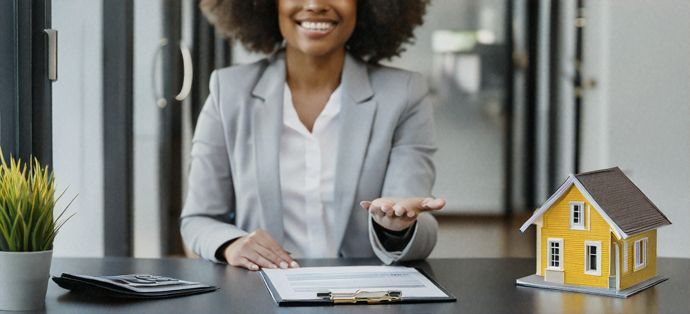 Real estate agent showing property documents at a desk in a modern realty office