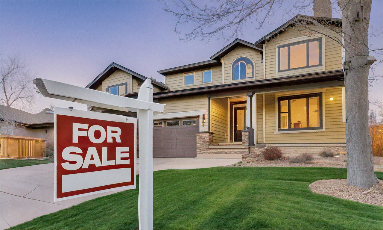 Luxury residential home exterior with for-sale sign in Boulder Colorado neighborhood, golden hour light, professional real estate photography