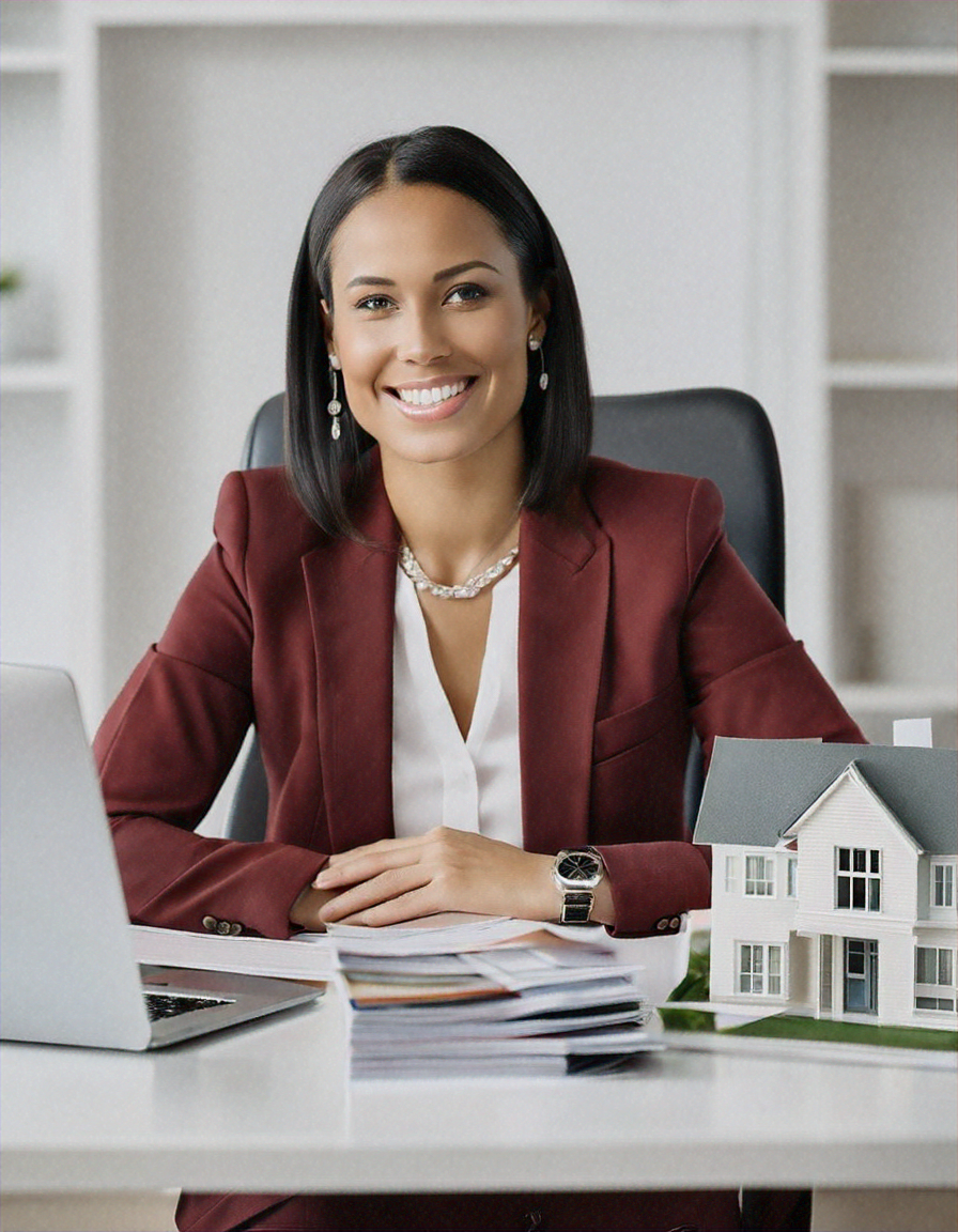 Professional real estate agent at a tidy office desk with property brochures and a laptop
