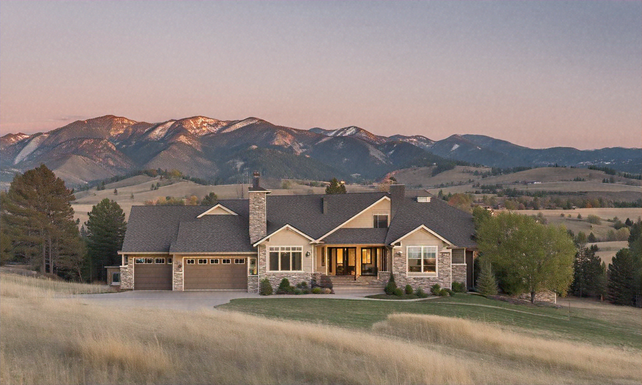 Luxury residential home in Boulder Colorado with Rocky Mountain backdrop, golden hour lighting, wide establishing shot